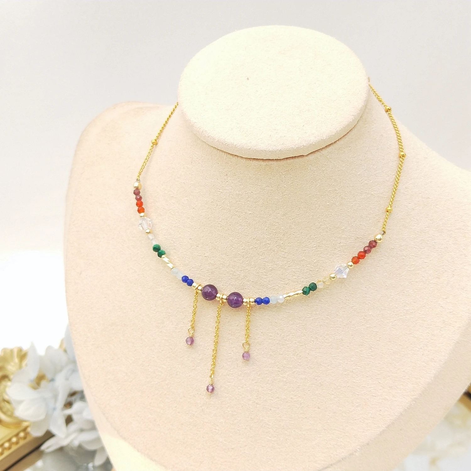 Lii Ji 7 Chakras Beads 2mm Crystal Beaded Chain Anklet 24+3cm Handmade Bohe Fashion Jewelry For Female