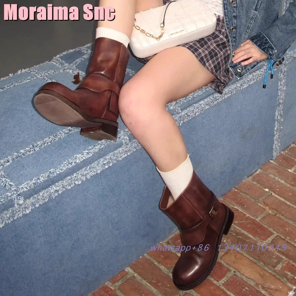 

Retro Brown Belt Buckle Ankle Boots Round Toe Block Chunky Heel Slip On Fashion Women's Short Western Boots Autumn Winter 2024