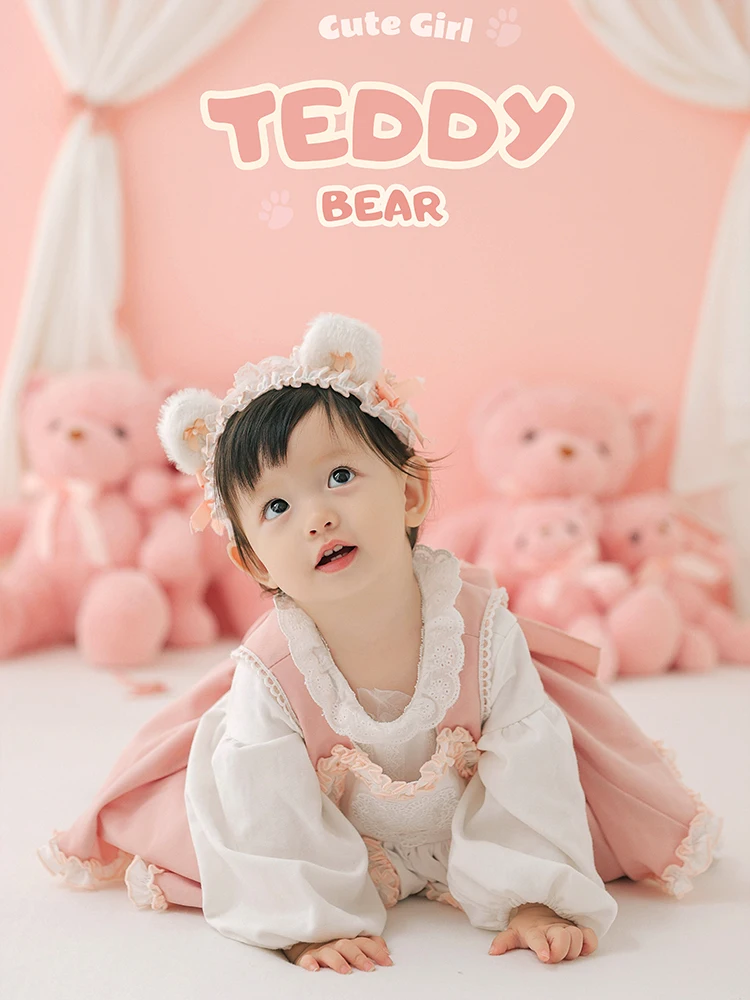 Baby Girl Puffy Dresses Pretty Spanish Princess Dress 1 Year Old Girls Photography Dress Pink Bear Dolls Props Studio Photo Set