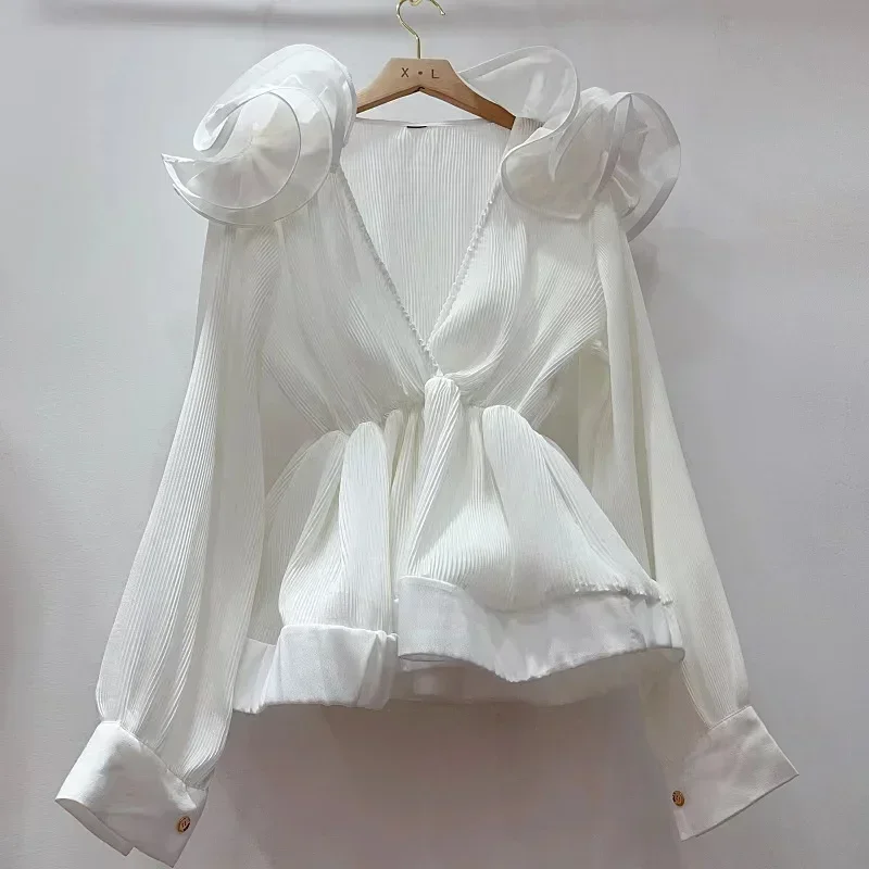 

Korean Women Sexy Solid V Neck 3D Decoration Ruffles Blouses Summer Female Casual Slim Waist Pleated Chiffon Shirts Ladies Tops