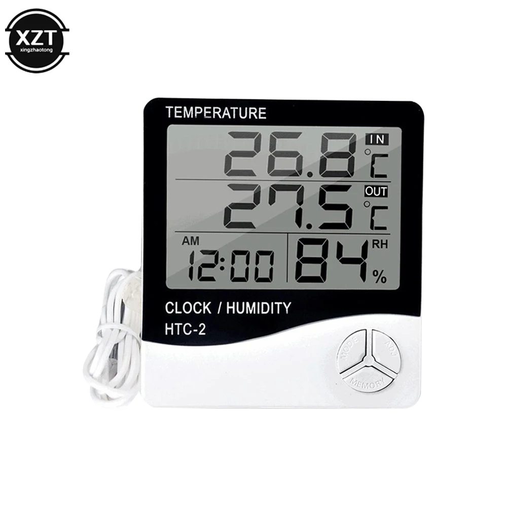 New LCD Electronic Digital Temperature Humidity Meter Indoor Outdoor Thermometer Hygrometer Weather Station Clock HTC-2