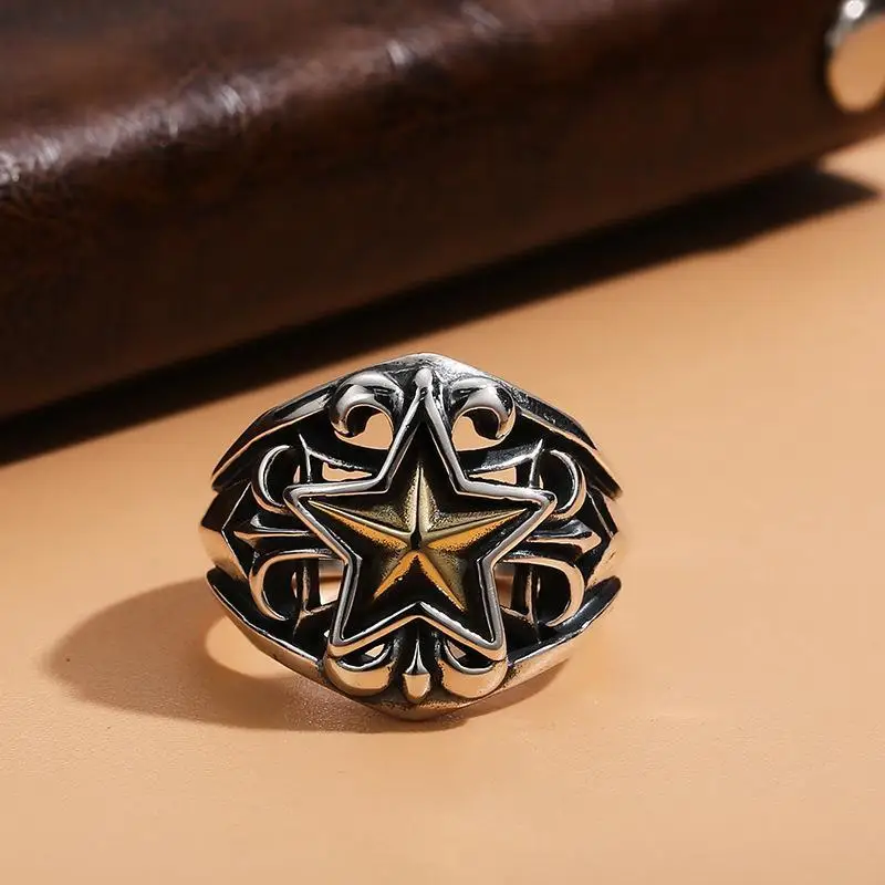 Pentagram Engraved Antique Silver Men's Ring, Vintage Distressed Punk Heavy Craft Designer Adjustable Open Band, Gift for Him
