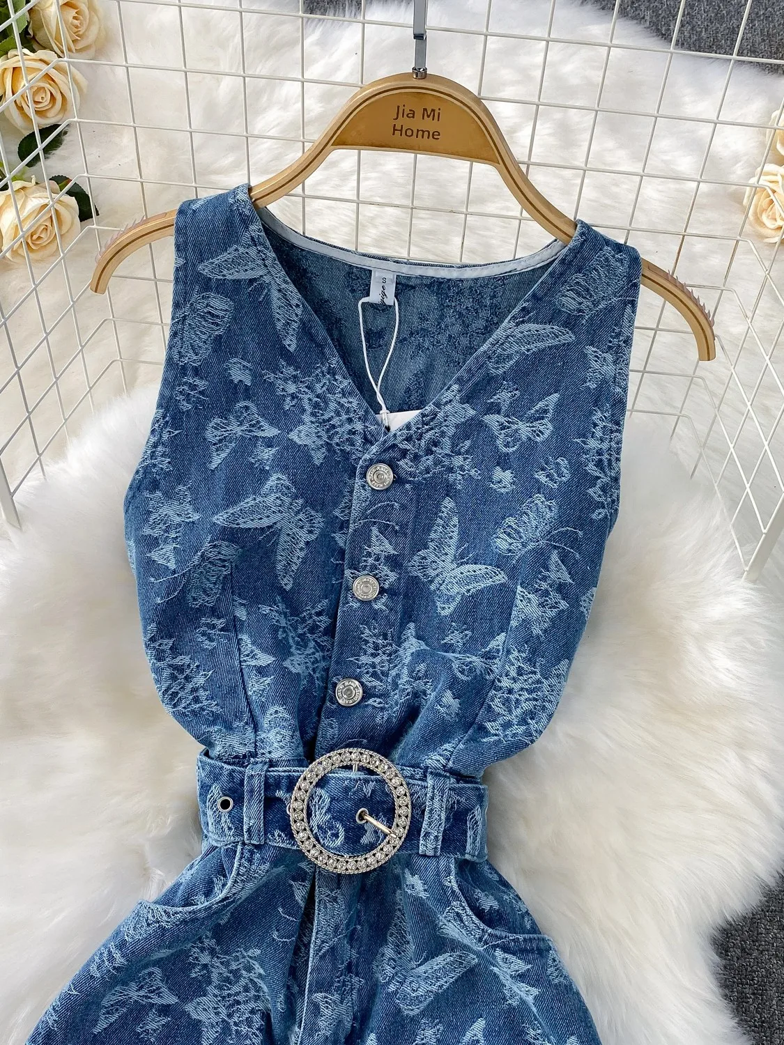Estate nuova tutina in denim ricamato vintage da donna a vita alta dimagrante tuta casual a gamba larga comoda per i pendolari