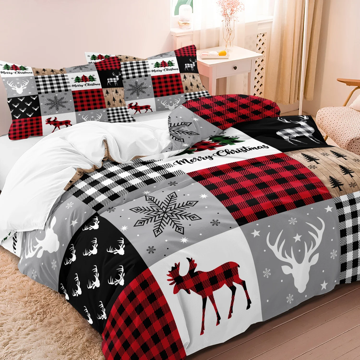 3Pcs Farmhouse Christmas Patchwork Print Duvet Cover Set, Red Black Buffalo Plaid Moose Snowflake Winter Holiday Print Bedding