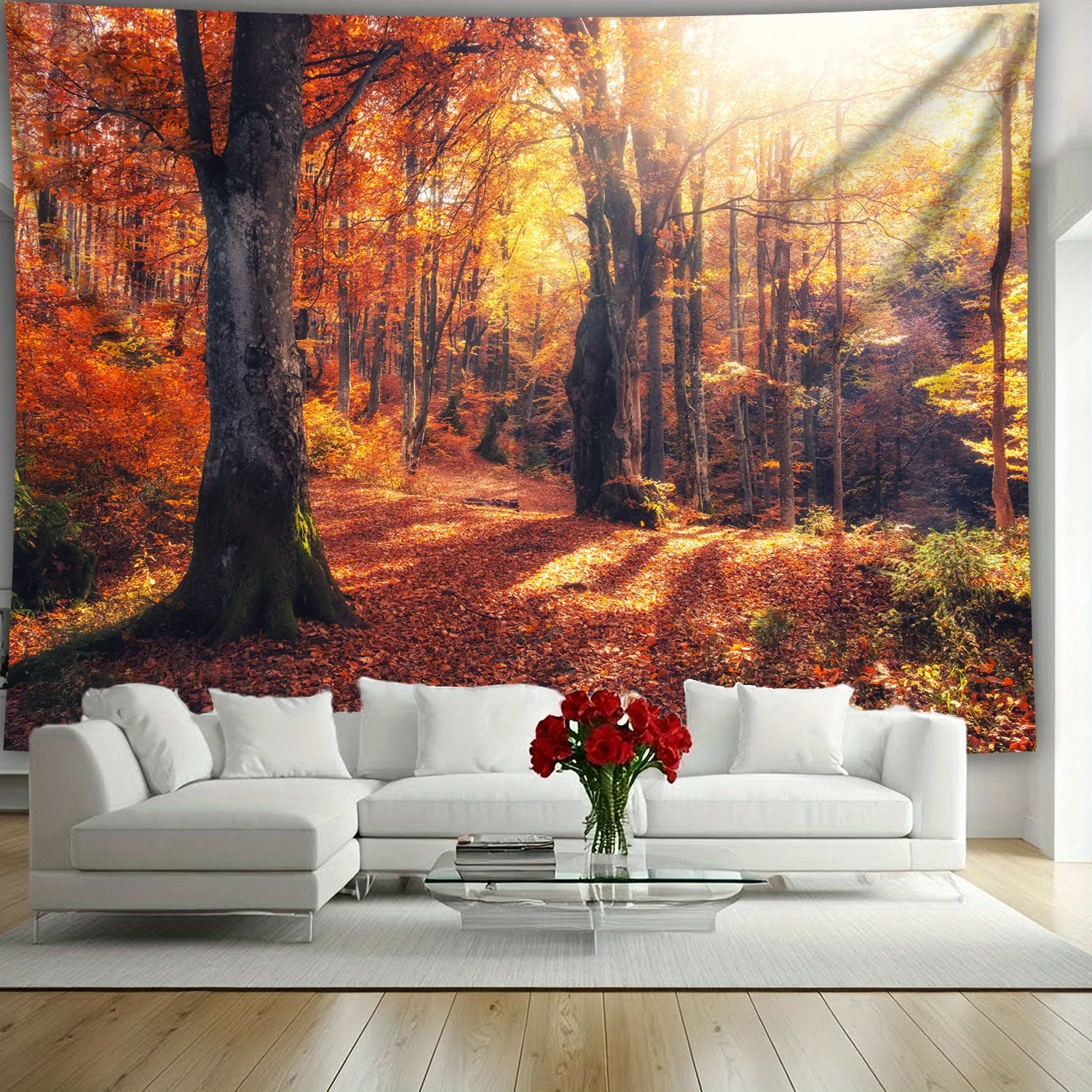 Autumn Forest Tapestry, Golden Sunlight Maple Red Leaves Woods Wall Hanging for Bedroom Dorm Living Room Home Decor
