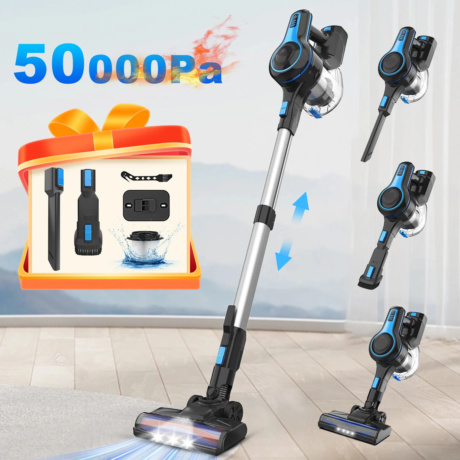 INSE 6-in-1 kabelloser Handstaubsauger, 50000 Pa, 6 x 2200 mAh Akku, 55 Minuten Laufzeit, für die Reinigung von Tierhaar-Teppichen