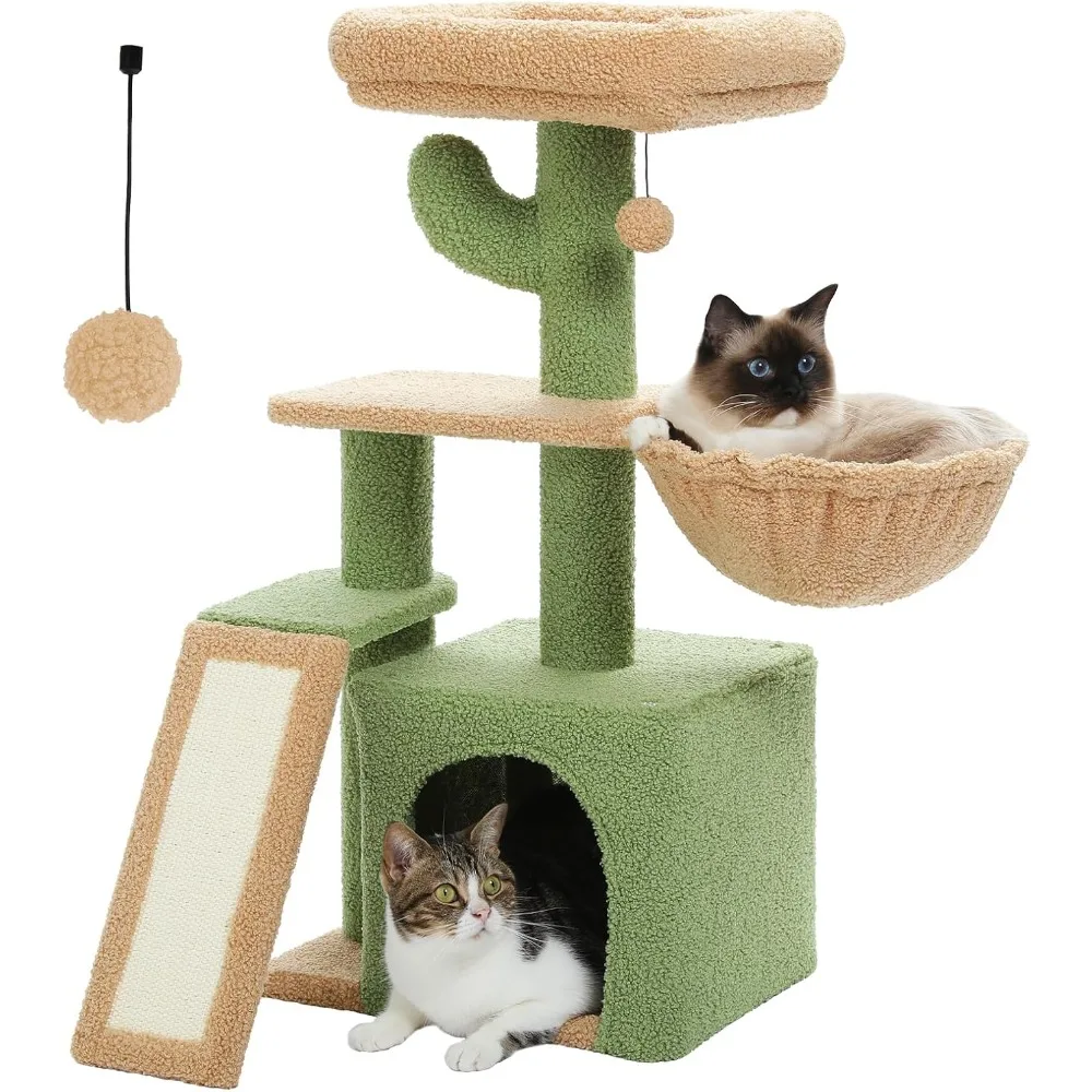 

Cactus Cat Tree for Indoor Cats, 31.5'' Small Cat Tower Cat Condo with Sisal Scratching Ramp, Cozy Hammock