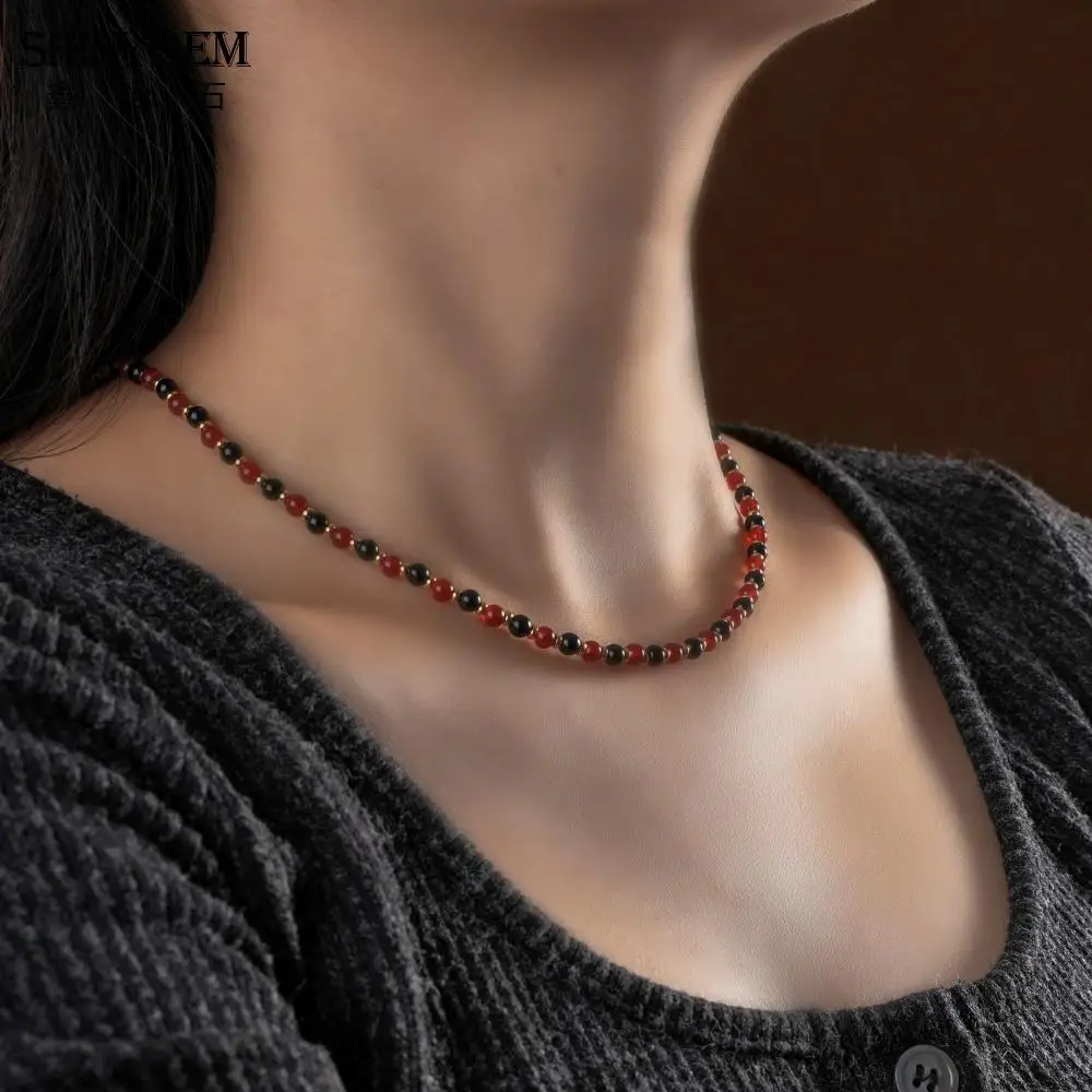 SHINYGEM 4mm Black&Red Agate Beaded Choker Necklace Feng Shui Adjustable Chain Fashion Jewelry Women Protective Energy Lucky