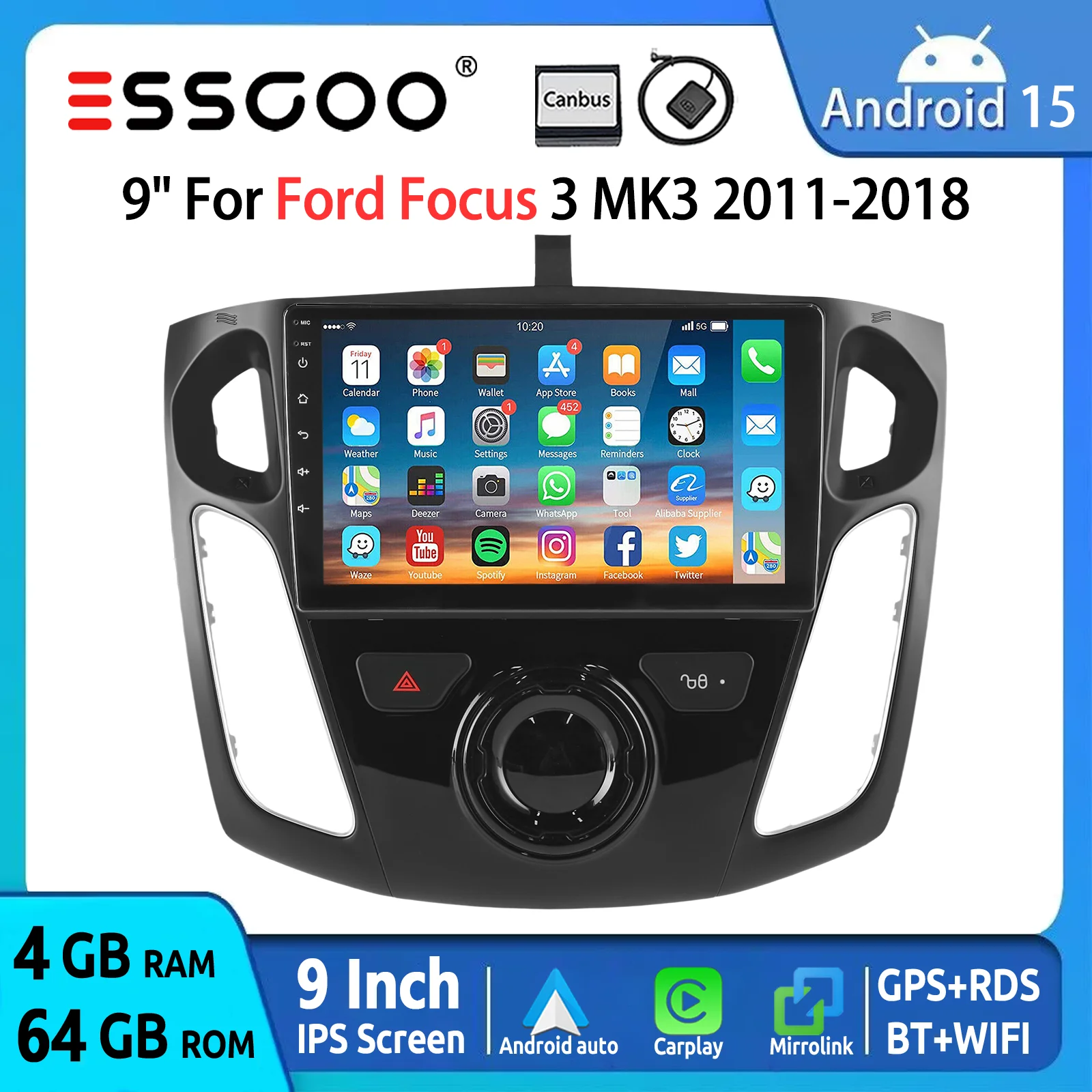 ESSGOO Android 15 Autoradio 9" GPS Navi für Ford Focus MK3 2011-2018 - CarPlay Android Auto Multimedia Player FM Bluetooth WiFi RDS Lenkradfernbedienung Mirror Link IPS Touchscreen Head Unit
