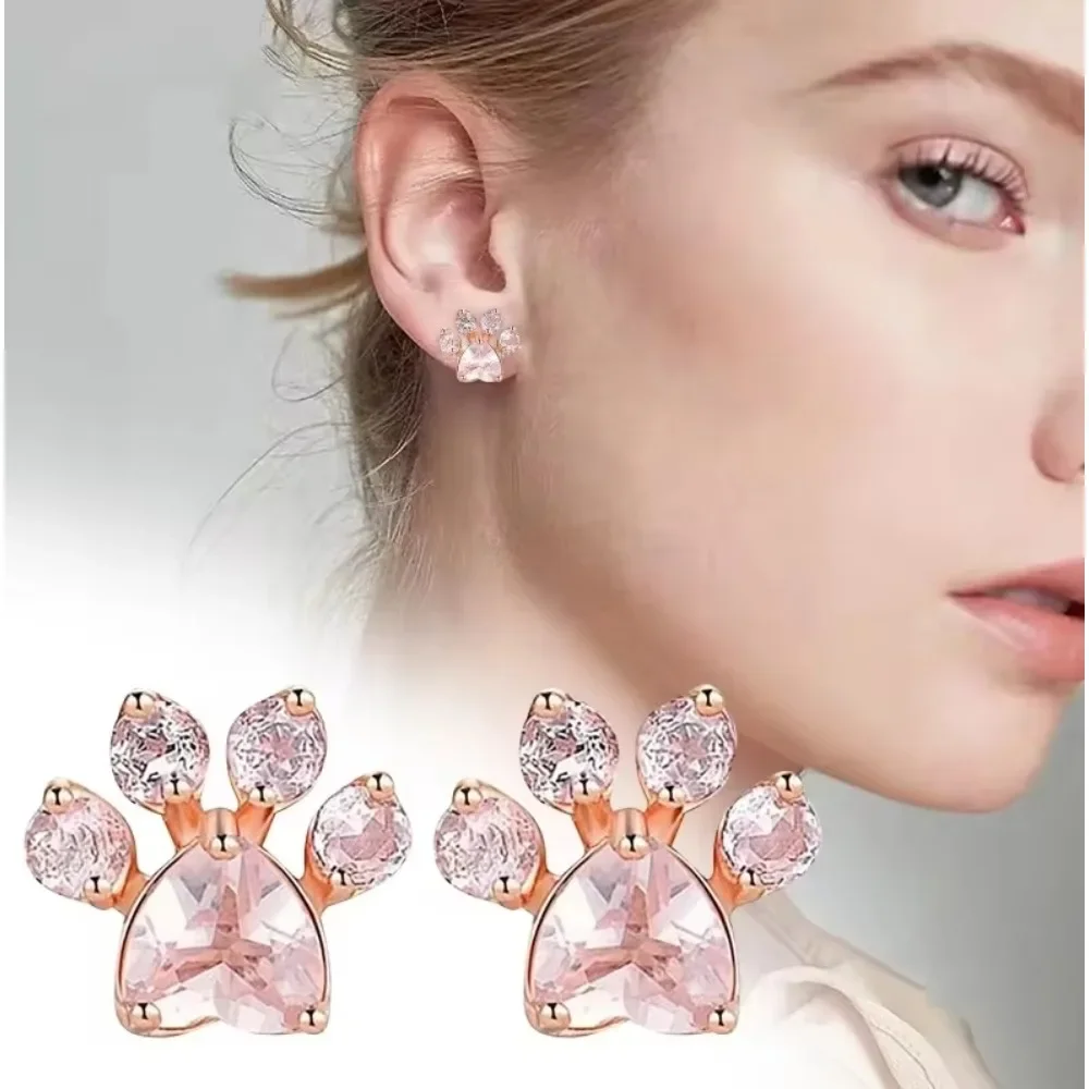 Trendy Cute Cat Paw Earrings for Women Fashing Gold Silver Color Earring Pink Crystal Animal Claw Print Stud Earrings