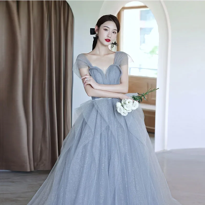 

Sweet Memory Strapless Mesh Tulle Tiered Wedding Party Dress Princess Girl Women Lace Up Prom Robe Gray Evening Dresses