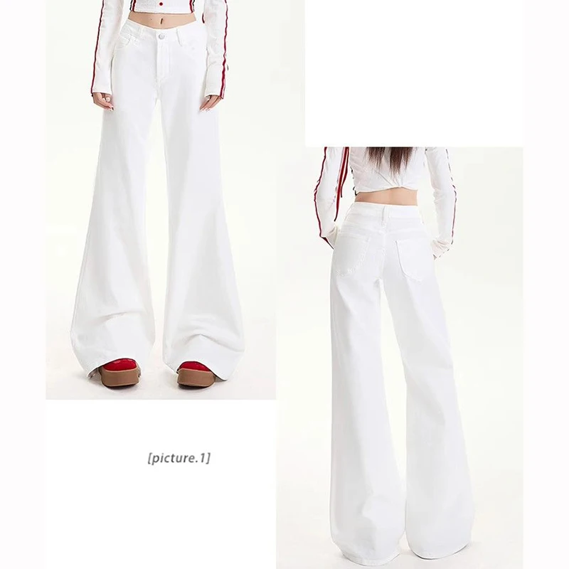 Hot Sale Girls White Flared Jeans Women Korean Classic Low Waist Solid Denim Trousers Lady Comfortable Slim Fit Pants