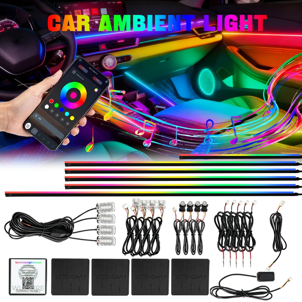 6/10/18 in 1 Car Ambient Light 64 Colors RGB Symphony Interior Acrylic LED Strip Light Hidden Music APP Control Atmosphere Lamp