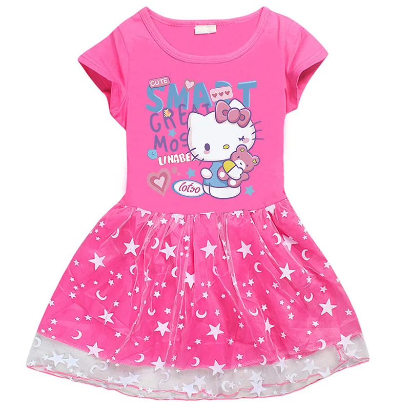 Kawaii Anime Sanrios Hello Kittys Cinnamoroll Girls Short Sleeve Dress Child Cartoon Mesh Skirt Summer Cute Princess Dress Gift