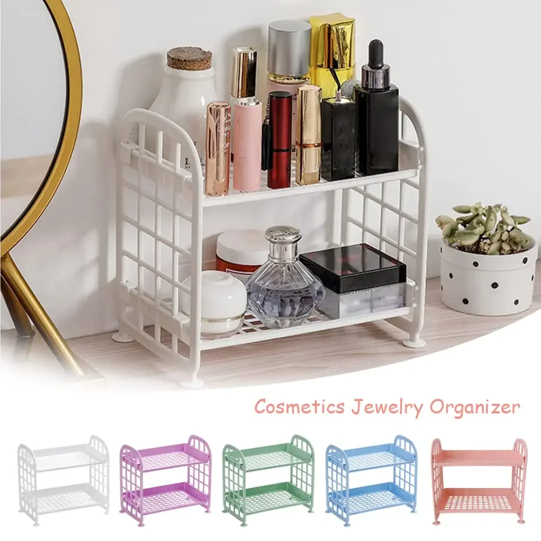 

2-Tier Multifunctional Plastic Shelf Makeup Organizer for Skincare Office Kitchen Bedroom Bathroom Two Layer Hollow Storage Rack