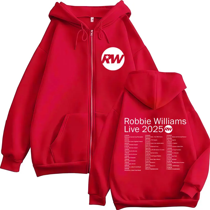 Robbie Williams Live Tour 2025 Rw Logo Zipper Hoodie Mens Women Casual Oversized Zip Up Sweatshirt Hip Hop Fleece Jacket Hoodies