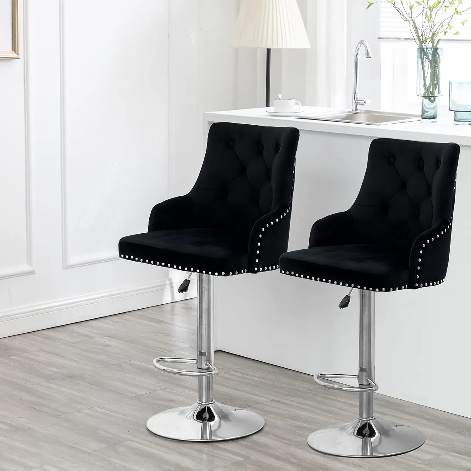 

Bar Stool Set of 2 Velvet Adjustable with Tufted Backrest, Counter Height Swivel Stool Upholstered Modern Barstool Chair