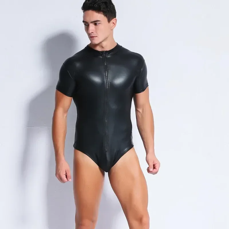 

Mens Sexy Bodysuit Lingerie Zipper Stretch PU Leather Bodycon Shorts Leotard Jumpsuit Wet Look Catsuit Clubwear