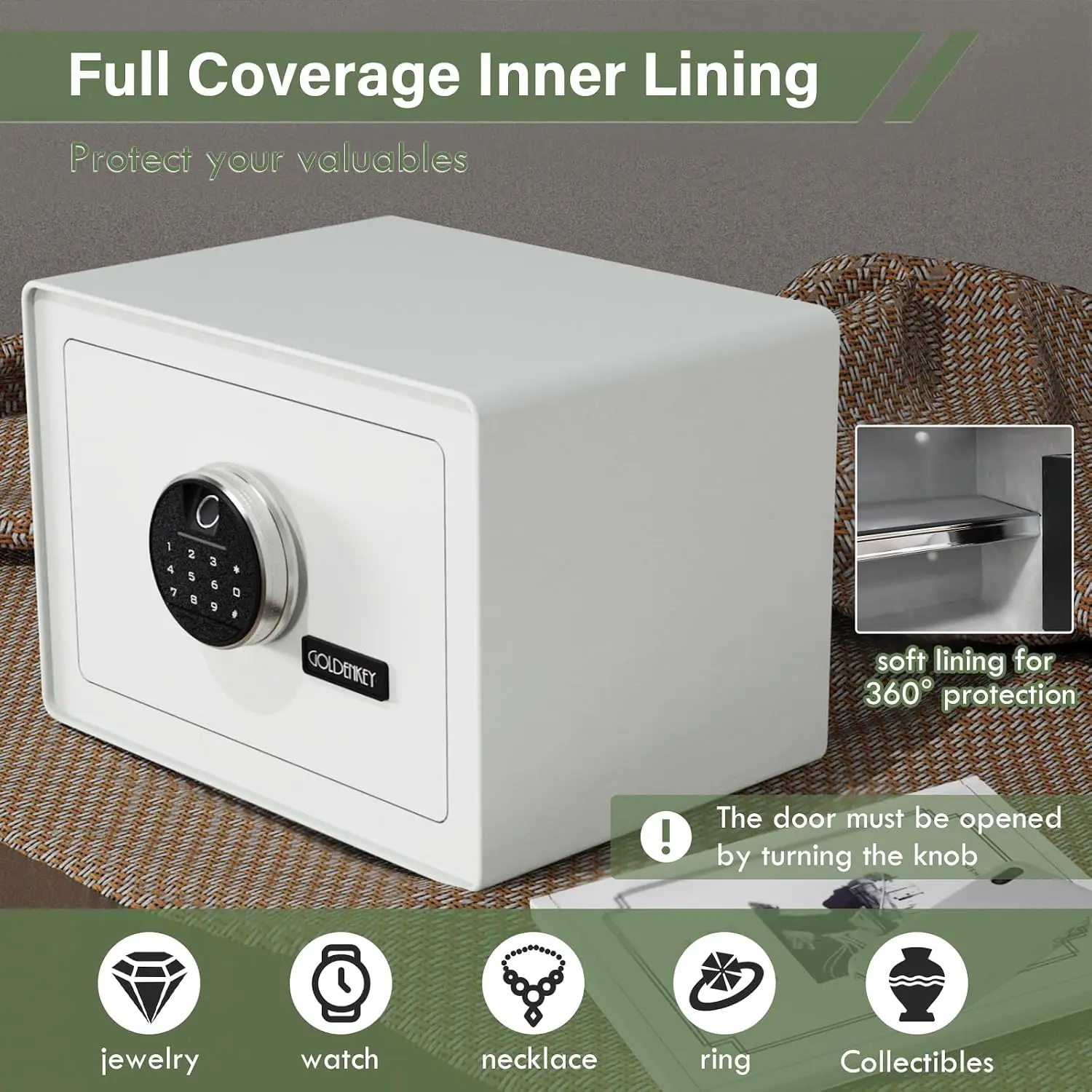 Luxury Jewelry Safe with Fingerprint&Keypad Lock, Document Safe Box with Soft Velvet Lining, Removable Shelf, High Security for