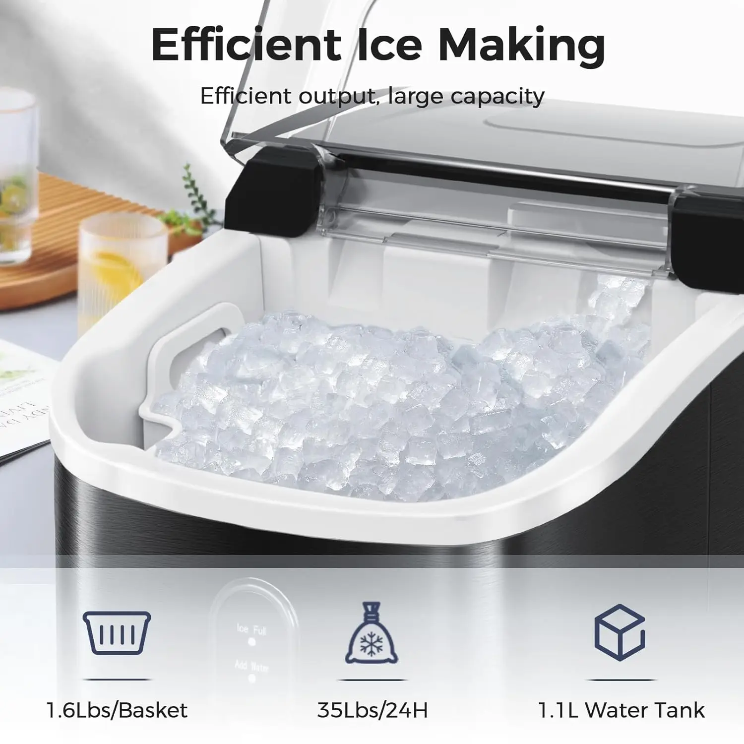 Nugget Ice Makers Countertop,Portable Pebble Ice Maker Machine with Soft Chewable Ice,35Lbs/24H,OneClick Operation,Self-Cleaning