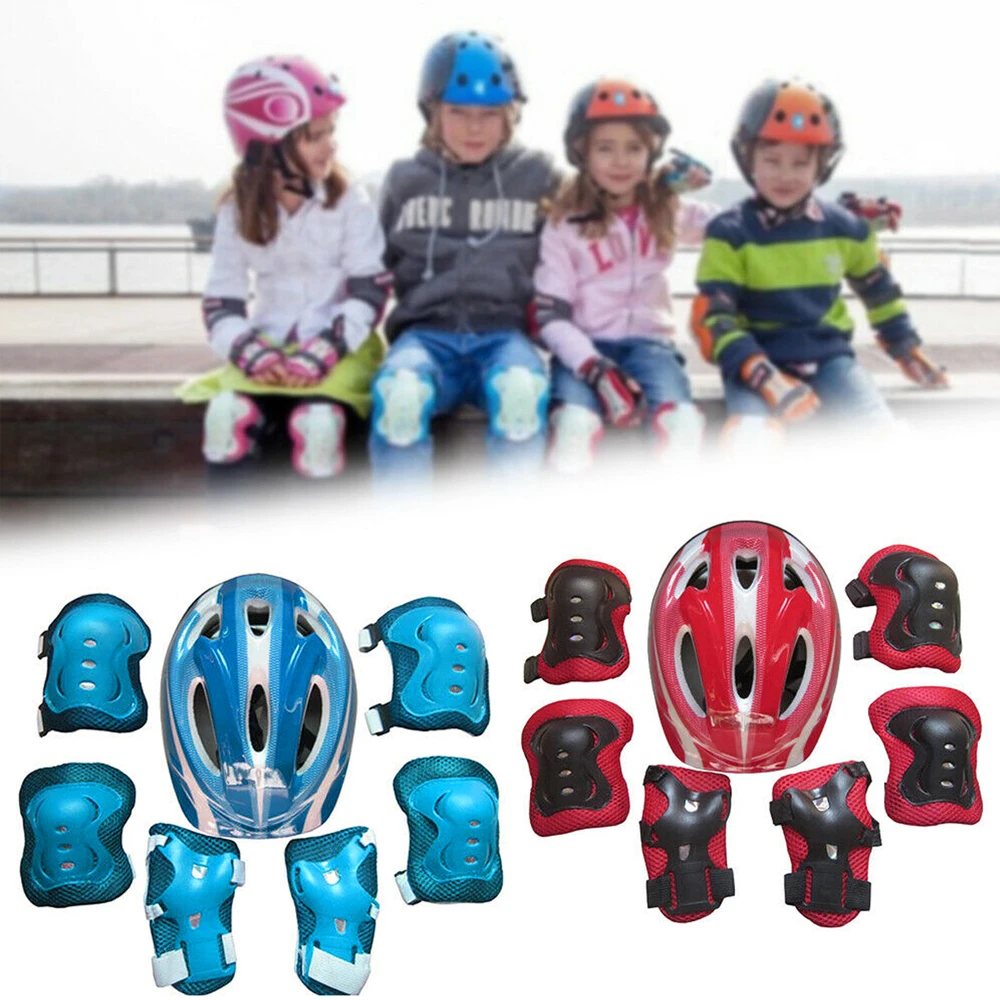 7Pcs/Set Kids Bike Helmet Pad Set Elbow Knee Wrist Pads Protective Gear Set for Skateboard, Roller Skating, Scooter Sports