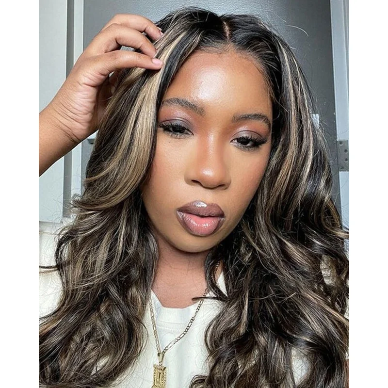 Black Blonde Highlight  Hair Wig Long Wave Lace Front Glueless Remy Wigs