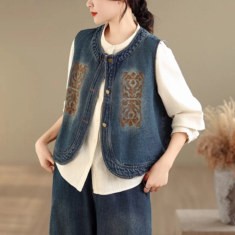 

Embroidered Denim Vest Women's Spring Oversized Loose Casual Fashion Artistic Versatile Outerwear Retro Sleeveless Top w1813