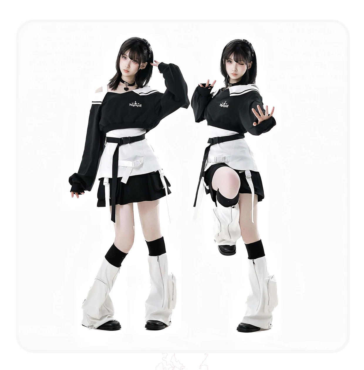 2025年サブカルチャー スイートクール ブラック＆ホワイト スプライシング サスペンダー オフショルダーセット ハラジュク ショート丈パーカー スリング カーゴスカートセット