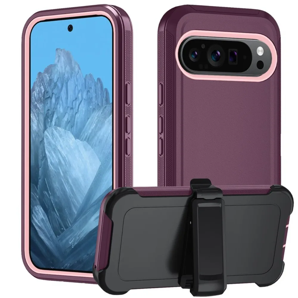 Robuuste beschermhoes met schokbestendige eigenschappen voor Google Pixel 10 9 8 Pro XL 10A 9A 8A, 3-laags hybride TPU+PC beschermhoes met riemclip