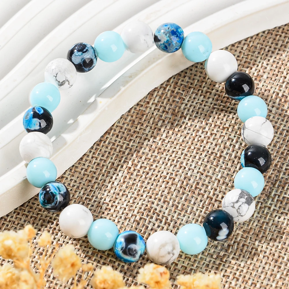 1PC natural stone healing bracelet made of blue fire agate and white turquoise beads, which can bring prosperity and abundance.