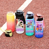 500ML KPop Demon Hunters Sports Water Bottle Portable Leak Proof Plastic Cup with Water Level Line for Outdoor Sports Fitness