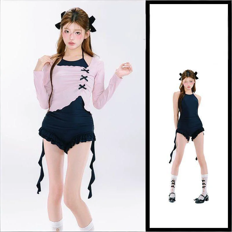 

Цельный купальник в японском стиле Harajuku, сладкий и пряный цельный купальник с длинными рукавами для девочек, тонкий халат с бантом для отдыха, комплект из двух предметов