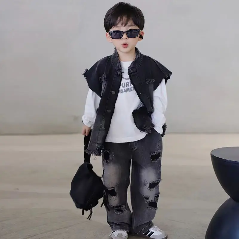 

Boys' Sets Vest Jacket Shirts Jeans Three-piece Suits Spring And Autumn 2024 New Loose Korean Denim Clothes Hole Fashion Suits