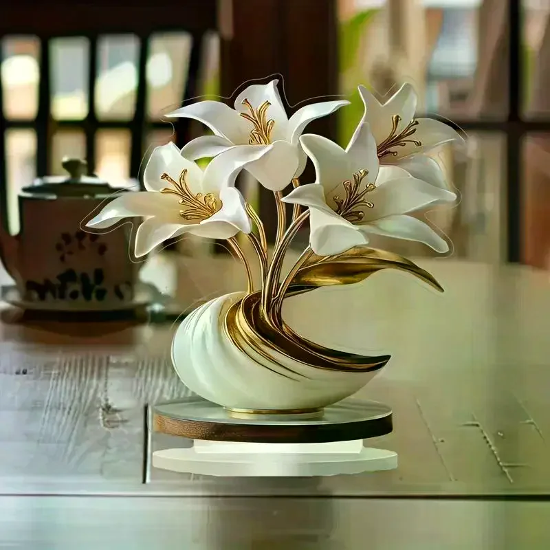 1PCS 2D Flat Lily Flower Desktop Decoration Statues For Living Room Decoration And Office Decoration Valentine's Day PartyGifts