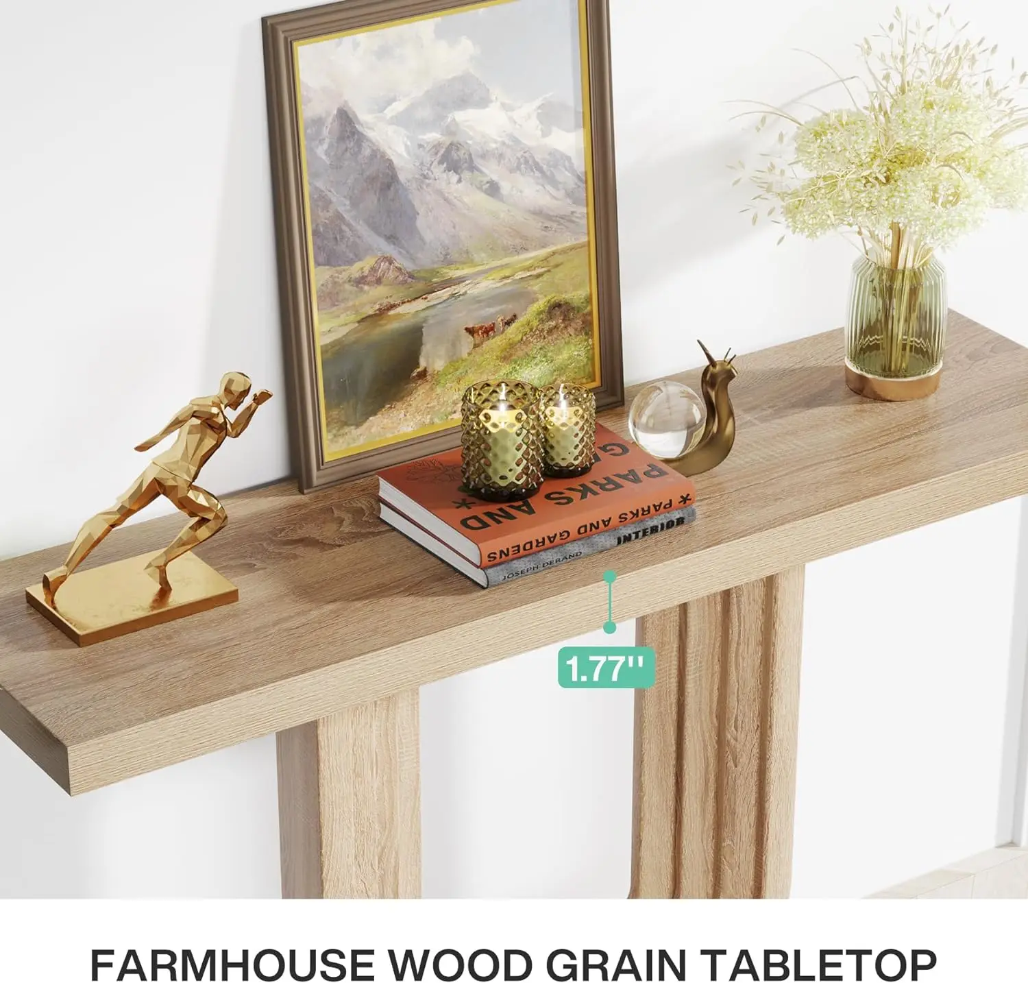 Table d'entrée de ferme avec base géométrique, table console étroite, canapé skinny en bois derrière le canapé, rangement, 39 po