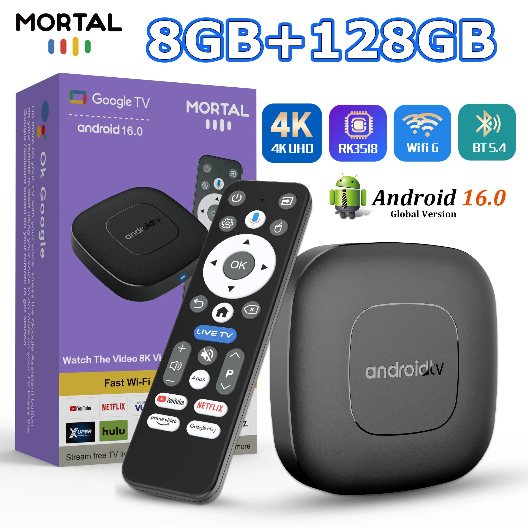 Smart TV Box Android 16 BT 5.0 Control remoto por voz 8G 128G 4K HDR10 WIFI 6 Google Player 3518 Quad Core Home Set Top TV Box T1