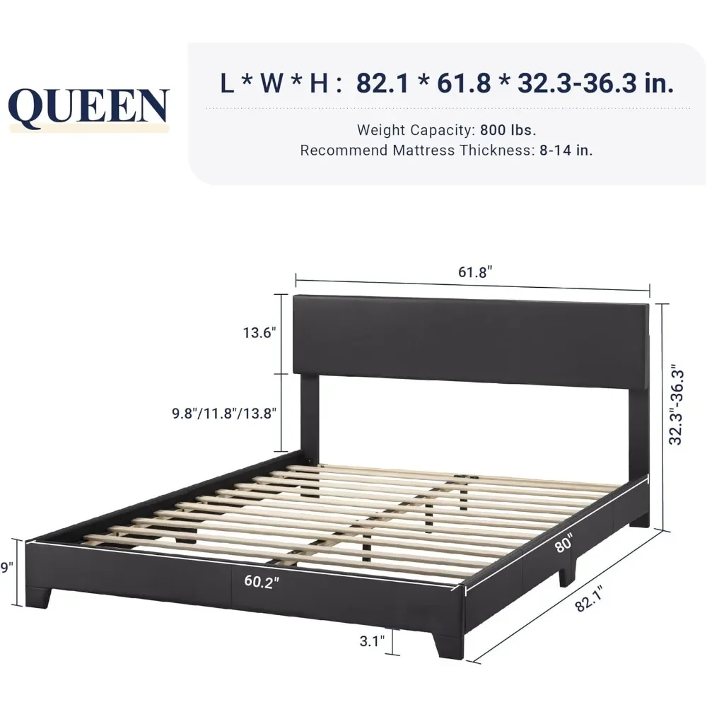 Cama queen size com cabeceira ajustável, plataforma de couro sintético, cama com ripas de madeira, sem necessidade de mola, sem ruído