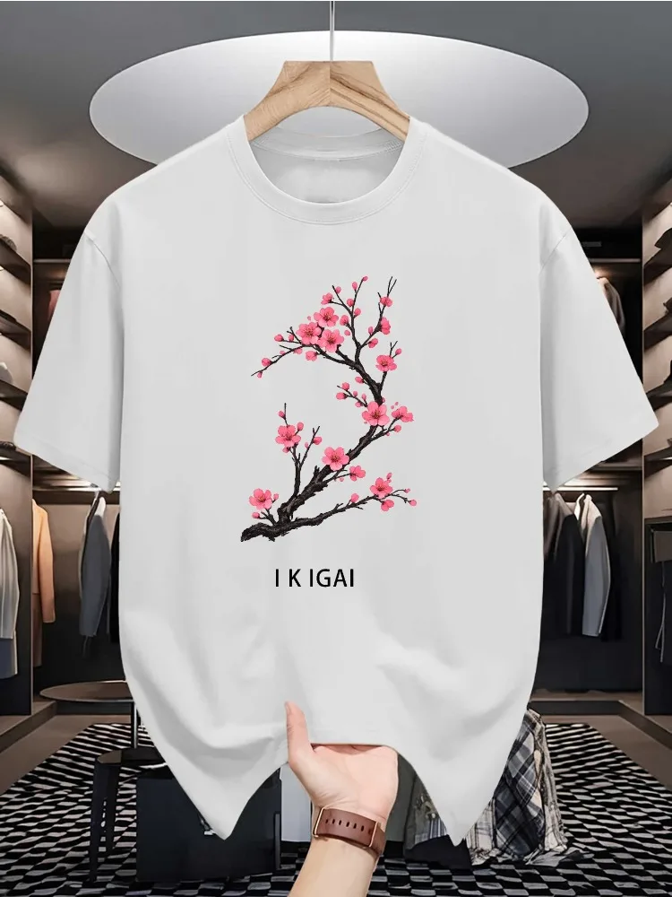 Men Summer Crew Neck Short Sleeve T Shirt Japanese Sakura Branch Ikigai Print Casual Loose Fashion Streetwear Daily Basic Top