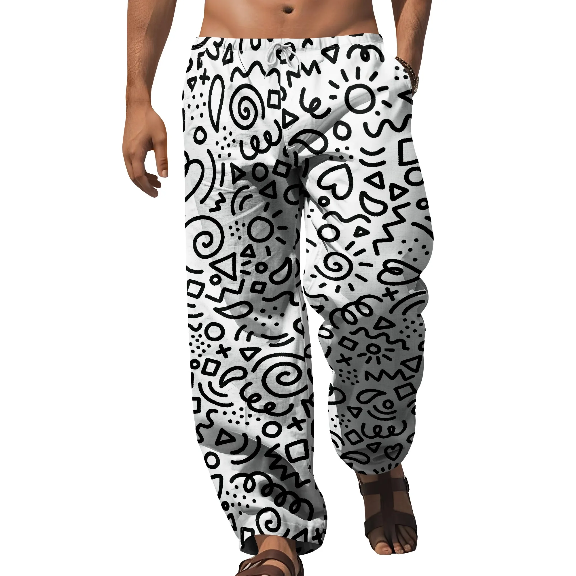 YEAE Zwarte broek met schetspatroonprint voor heren Zomer casual losse broek met trekkoord
