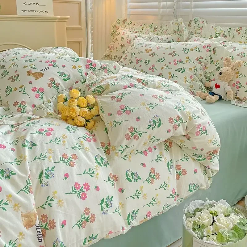 

Cute Floral Duvet Cover Set Ins Korean Style with Flat Sheet Pillowcase No filler Washed Cotton Queen Full Twin Home Bed Linen