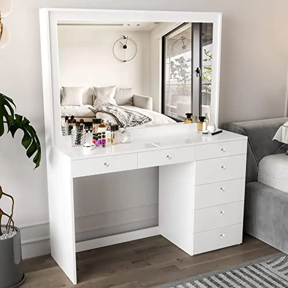 Makeup Desk Vanity Hollywood Mirror Crystal Ball Knobs 7 Drawers White Wide Storage Table Organize Jewelry Laptop Elegant