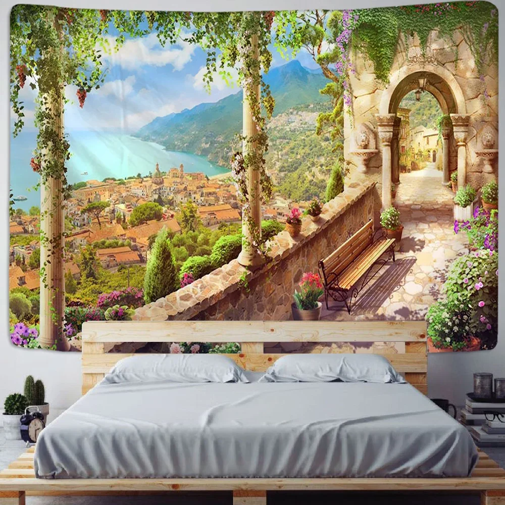 Balcony City Castle Hill Green Plant Landscape Printing Tapestry  Cheap Hippie Wall Hanging Bohemian Wall Tapestries
