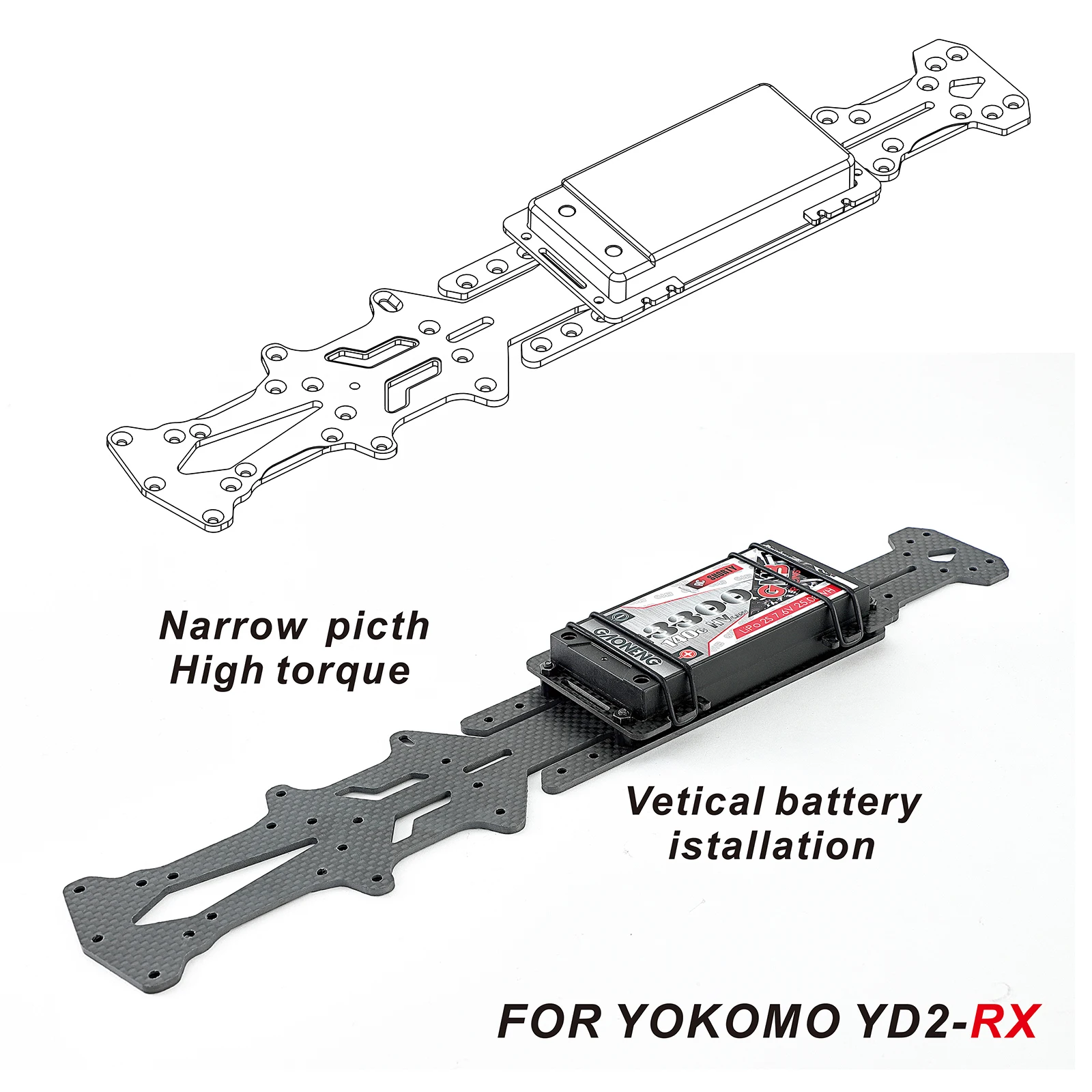 Narrow Vertical High Traction Carbon Fiber Chassis and Battery Holder for YOKOMO YD2-RX 1:10 Drift Car