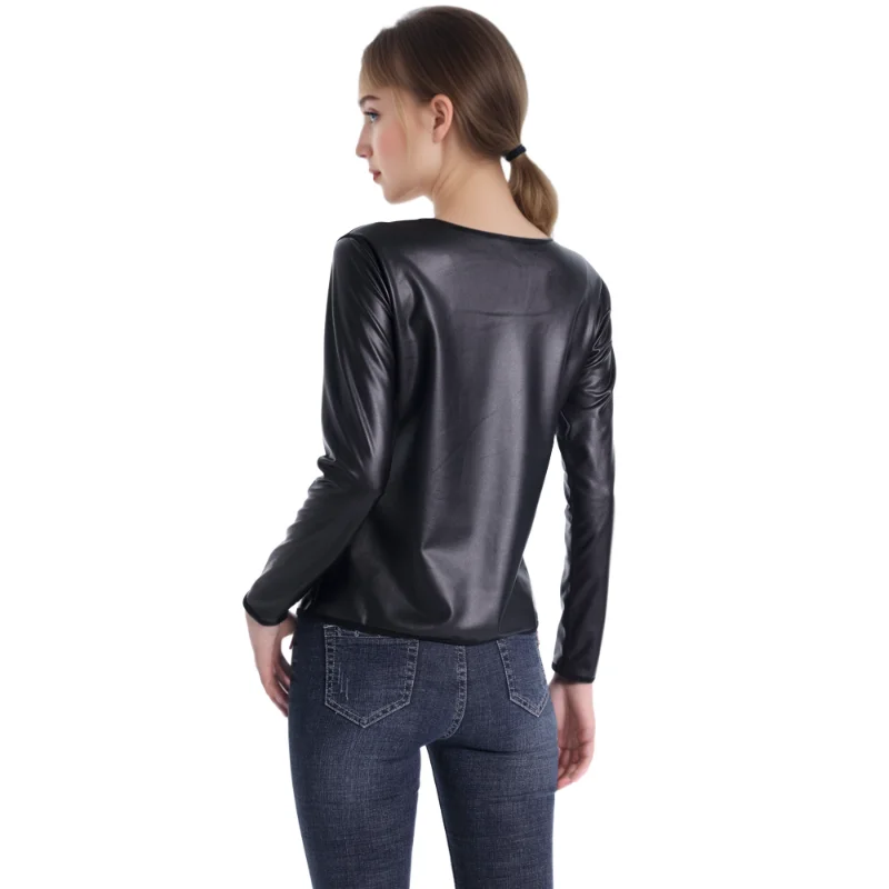 Cool girl Faux Leather Long Sleeves Shirts Motorcycle Biker Body Shaper Waist Trainer Slim Tshirt Fashion Casual Shapewear Tops