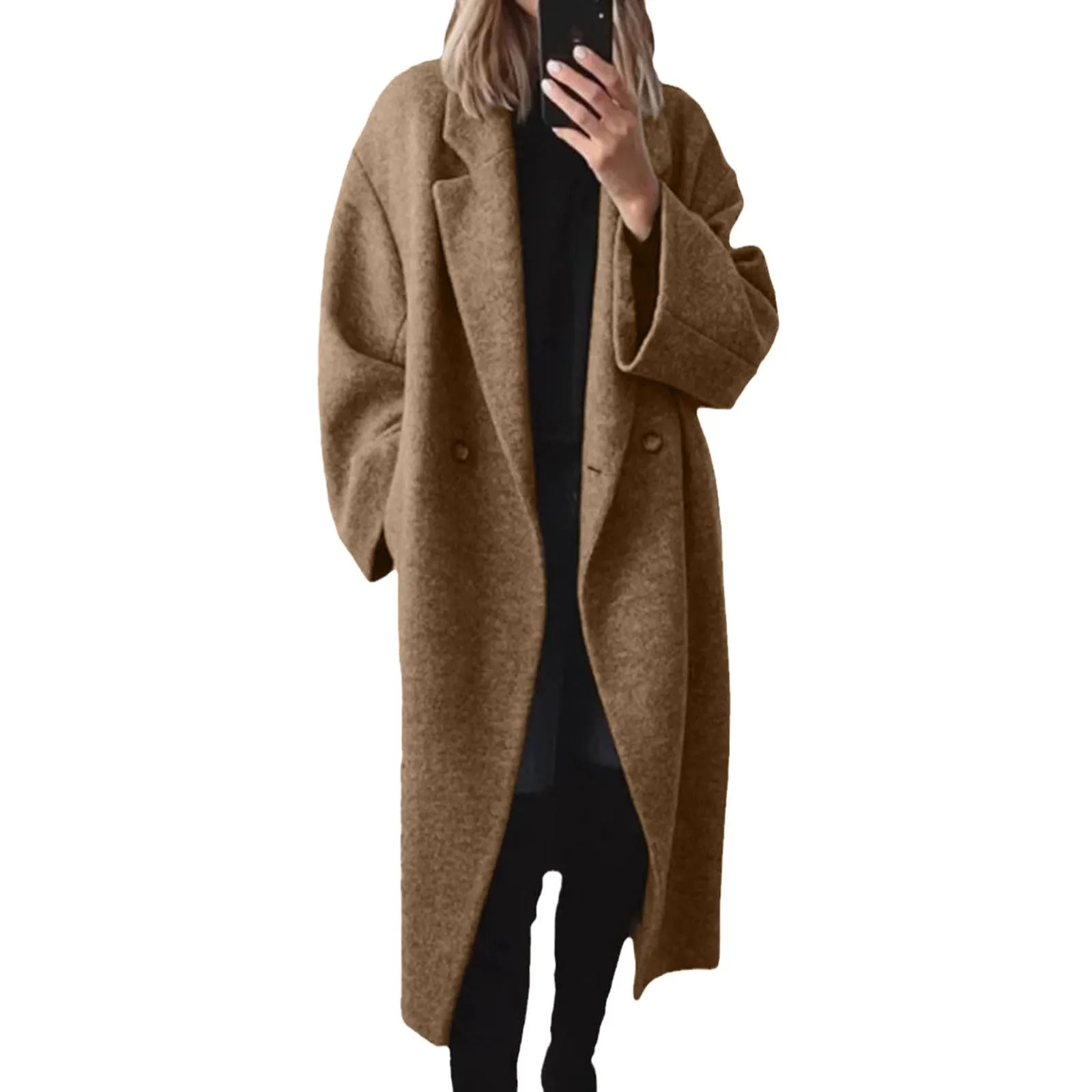 Women's Winter Double Breasted Wool Coat Long Sleeve Notch Lapel Long Trench Coat Womens Dress Jackets Knit Jacket