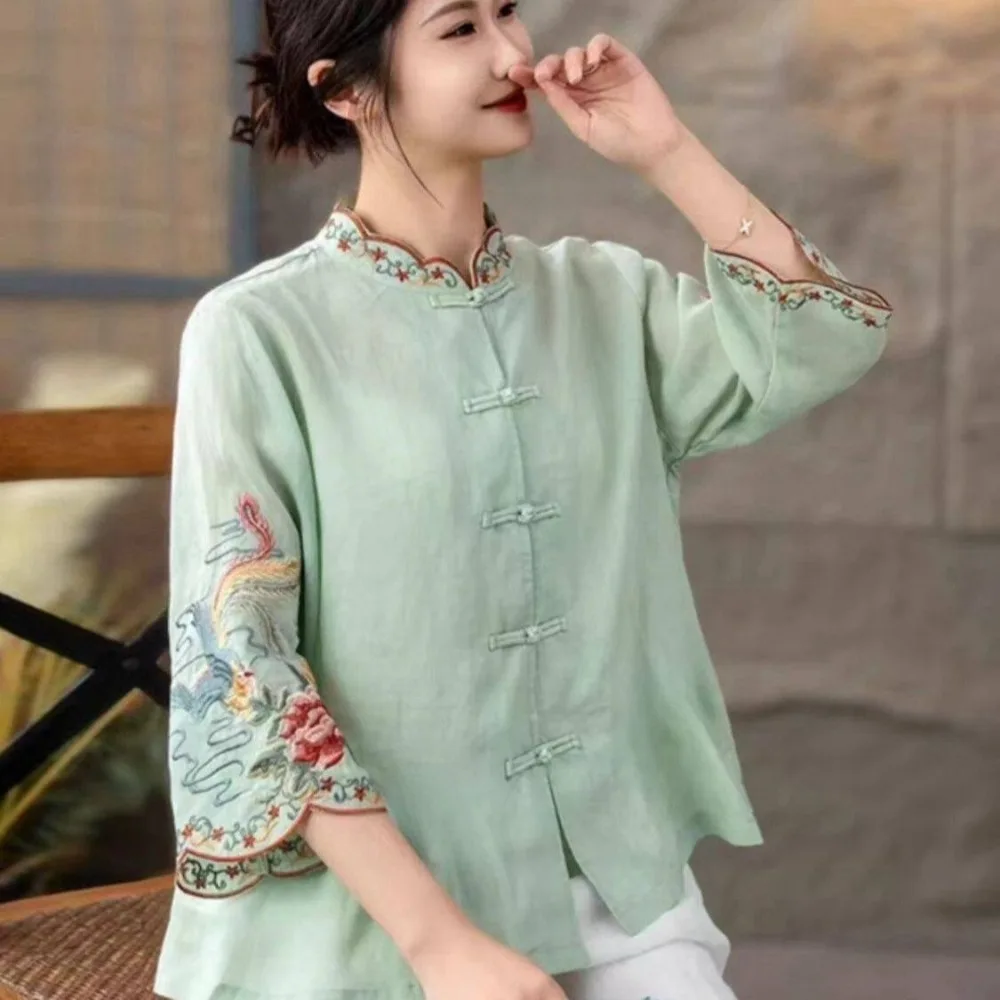 Thin Y2k Tops Women Clothing Vintage T Shirt Women Clothes Harajuku Tshirt Tees Ethnic Style Summer Embroidery Cotton Linen Tees