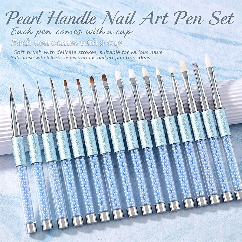 

16Pcs Pearl Handle Nail Art Brush Set Soft Bristle With Caps UV Gel Liner Gradient Flower DIY Manicure Salon Tools