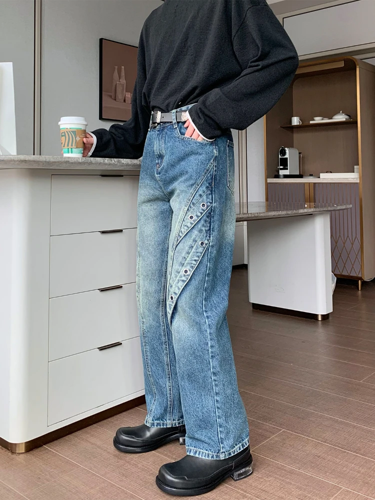 Vaqueros empalmados de pierna ancha para hombre, estilo coreano, Hipster que combina con todo, holgado, de cintura alta, para uso diario, S-3XL vaquero Retro básico