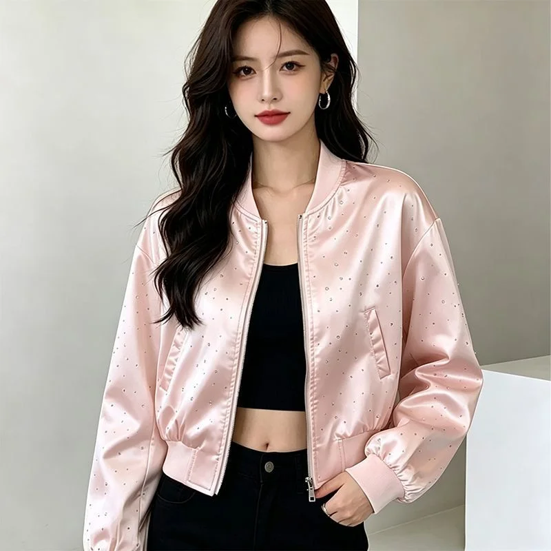 Spring Autumn Fashion Short Jacket Women's Clothing New Shiny Satin Heavy Industry Diamond Inlaid Casual Top Baseball Uniform