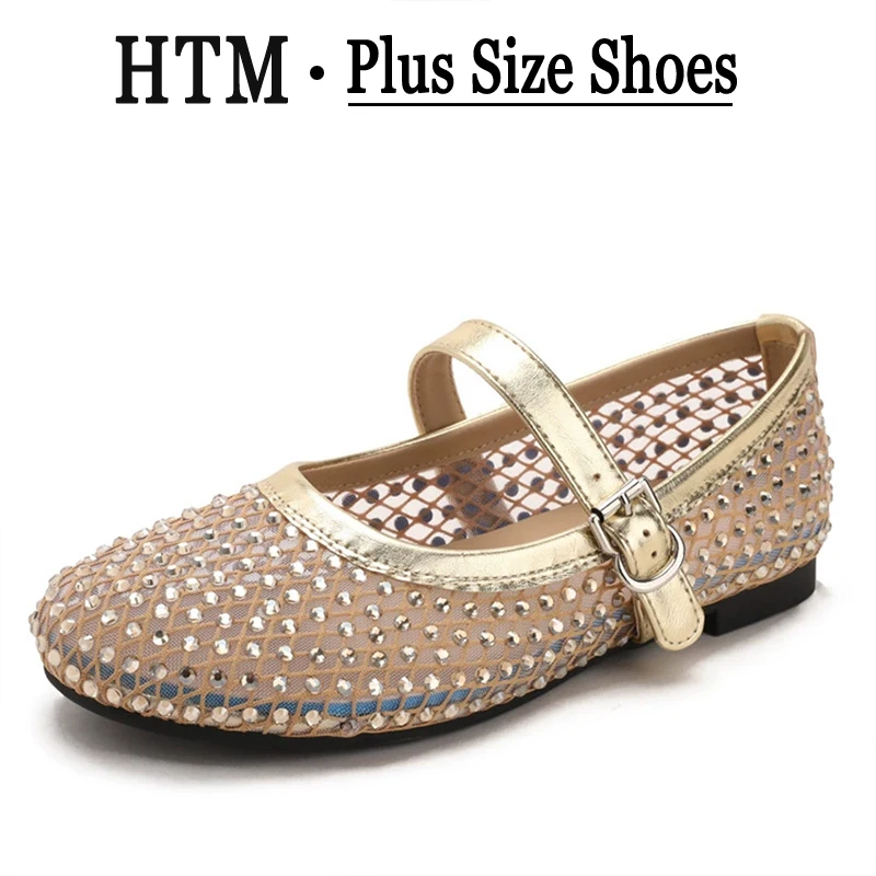 

Plus Size 42 Woman sandal Luxury Crystal Rhinestone Fishnet Ballet Flats Brand Design Mesh Mary Jane Shoes Ladies Summer Loafers